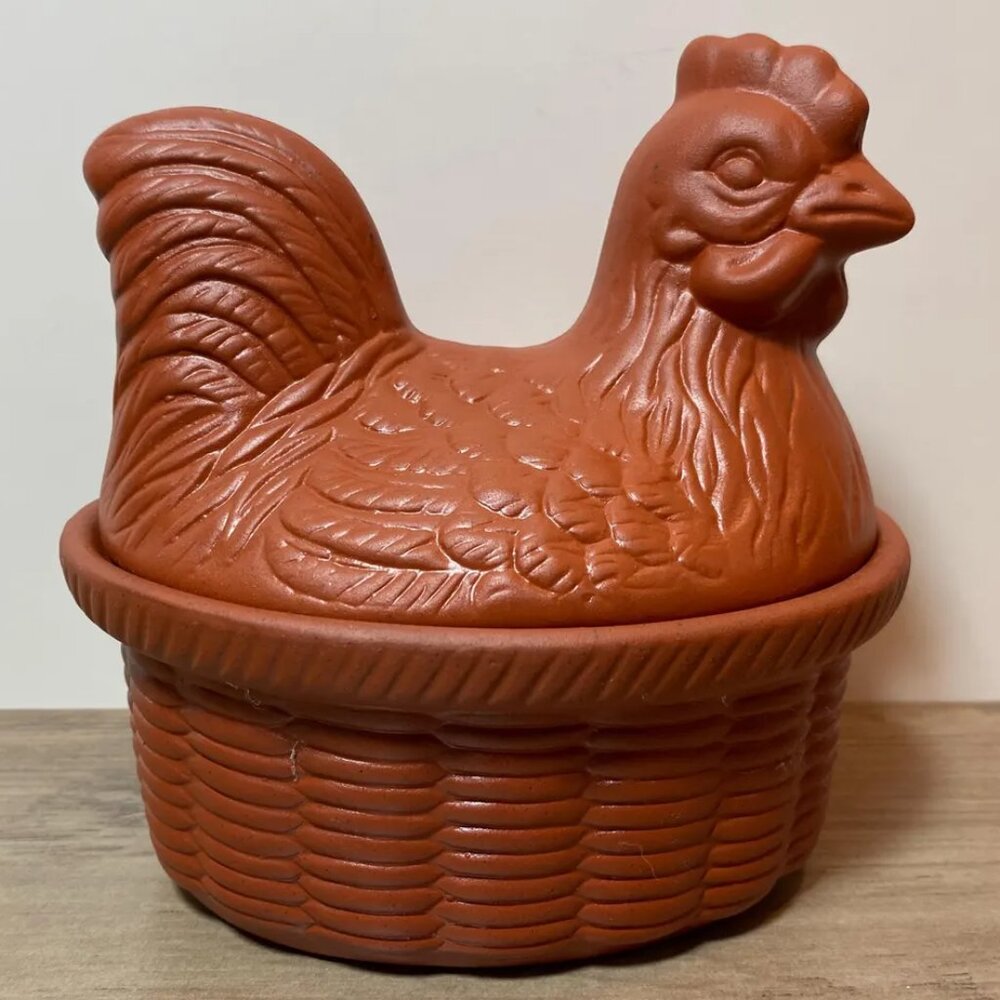 Vintage Hen on Basket Nest Pottery Container Brown Glaze Inside Chicken Dish